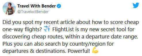 Did you spot my recent article about how to score cheap one-way flights? FlightList is my new secret tool for discovering cheap routes, within a departure date range. Plus you can also search by country/region for departures & destinations. Powerful!